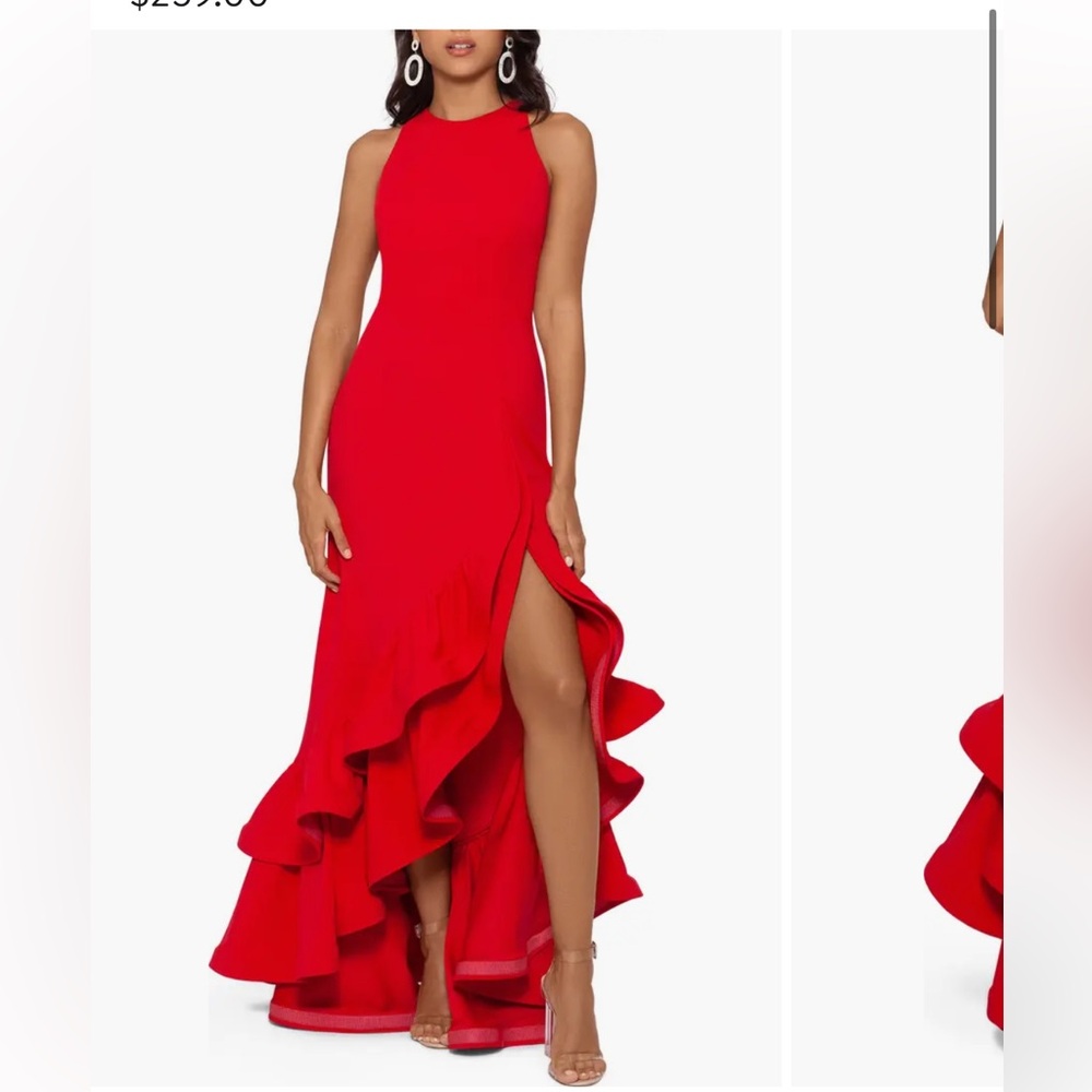Betsy & Adam Vibrant Red Halter Gown